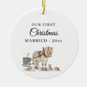 First Christmas Married Photo Winter Horse Ceramic Tree Decoration