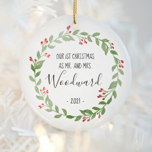 First Christmas Married Photo Wreath Black Text Ceramic Tree Decoration