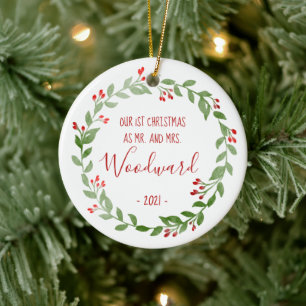 First Christmas Married Photo Wreath Red Text Ceramic Tree Decoration