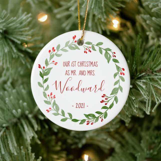 First Christmas Married Photo Wreath Red Text Ceramic Tree Decoration (Tree)