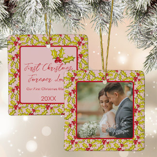 First Christmas Married Pink Red Fun Couples Photo Ceramic Ornament