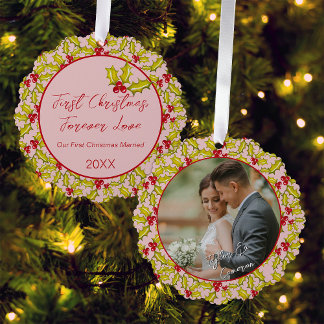 First Christmas Married Pink Red Fun Couples Photo Tree Decoration Card