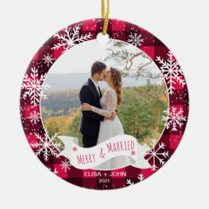 First Christmas married plaid 2 photos snowflakes Ceramic Tree Decoration