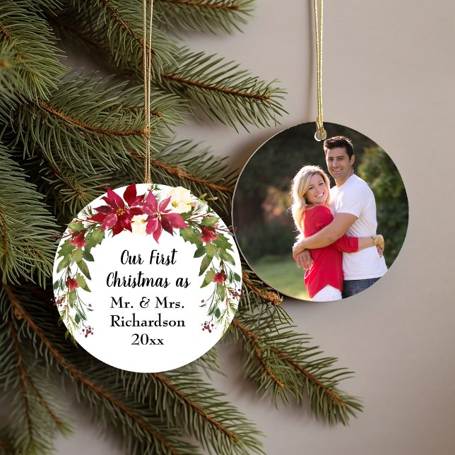First Christmas Married Poinsettia Photo Ceramic Tree Decoration (First Christmas Married Poinsettia Photo Ceramic Ornament)