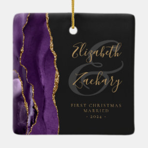 First Christmas Married Purple Agate Gold Script Ceramic Ornament