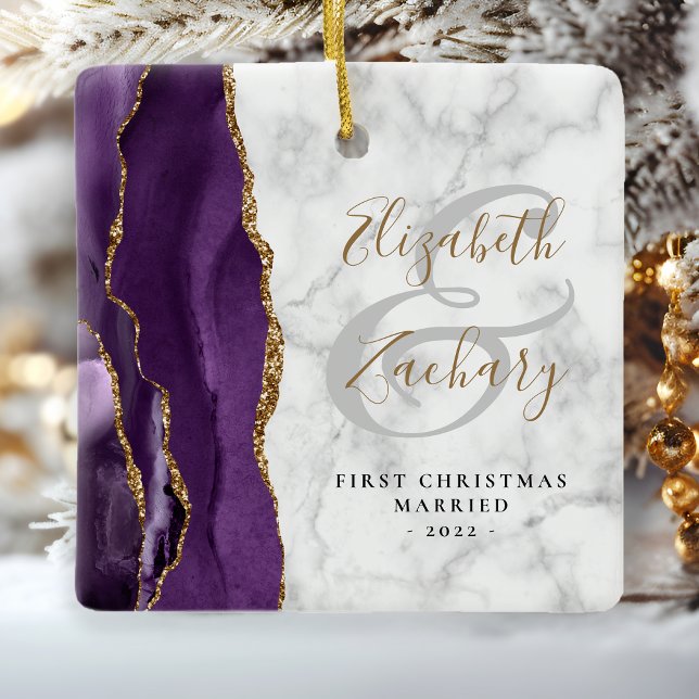 First Christmas Married Purple Agate Marble Gold Ceramic Ornament (Creator Uploaded)