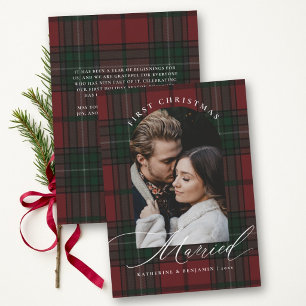 First Christmas Married Red Green Plaid Arch Photo Holiday Card