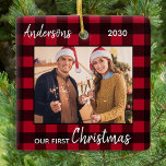 First Christmas Married Red Plaid Couple Photo Ceramic Ornament<br><div class="desc">Our First Christmas! Decorate your tree or send a special gift with this super cute personalised custom newlywed couple photo holiday ornament. Add your favourite photos and personalise with name and year. Ornament is double sided, you can do different photos each side. COPYRIGHT © 2020 Judy Burrows, Black Dog Art...</div>