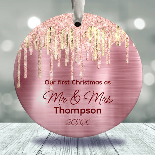 First Christmas married rose blush gold drips Ceramic Tree Decoration