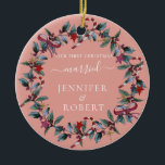 First Christmas Married Rose Wreath Ceramic Tree Decoration<br><div class="desc">Romantic ornament for married couple features beautiful Christmas wreath and modern calligraphic typography. Personalize it with your names. You can change the background color if you like.</div>