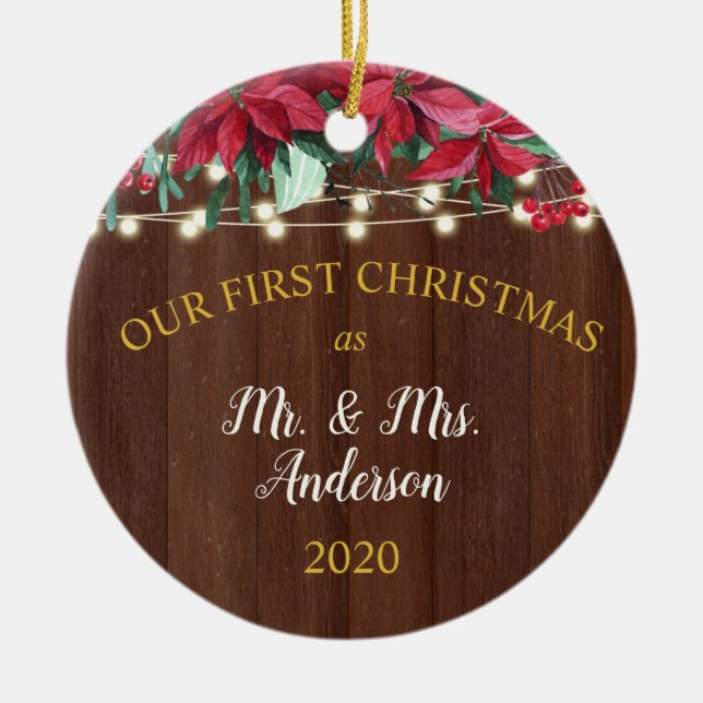 First Christmas Married Rustic Poinsettia Lights Ceramic Tree Decoration (Front)