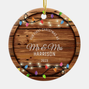 First Christmas Married Rustic String Light Photo Ceramic Tree Decoration