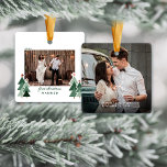 First Christmas Married Rustic Trees Photo Ceramic Ornament<br><div class="desc">First Christmas Married! Congratulations! Perfect for celebrating your newlywed status in a fun, whimsical way! Cute, Modern yet Rustic Christmas Holiday Photo Square Ornaments featuring adorable little forests of rustic Christmas trees and Merry Christmas in modern typography. Add 2 of your favourite photos for the perfect ornament! Please contact us...</div>