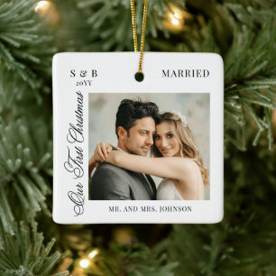 First Christmas Married Script Newlyweds 2 Photo Ceramic Ornament