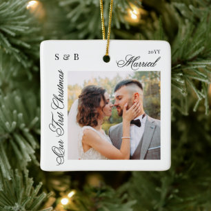First Christmas Married Script Newlyweds 2 Photo Ceramic Ornament