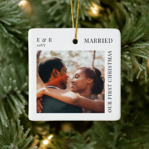 First Christmas Married Script Newlyweds Photo Ceramic Ornament