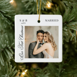First Christmas Married Script Newlyweds Photo Ceramic Ornament