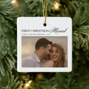 First Christmas Married Script Newlyweds Photo Ceramic Ornament