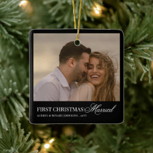First Christmas Married Script Newlyweds Photo Ceramic Ornament