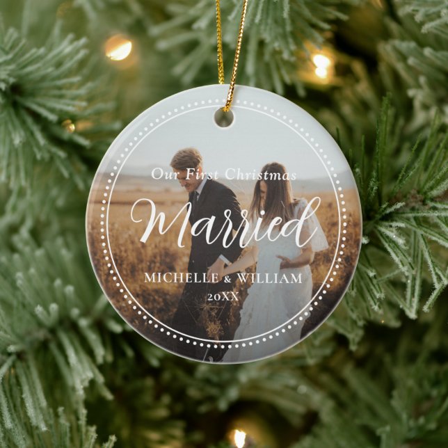 First Christmas Married Script Overlay Photo Ceramic Tree Decoration (Tree)