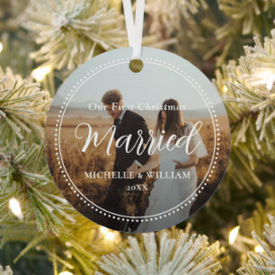 First Christmas Married Script Overlay Photo Metal Tree Decoration