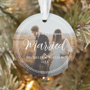 First Christmas Married Script Overlay Photo Ornament