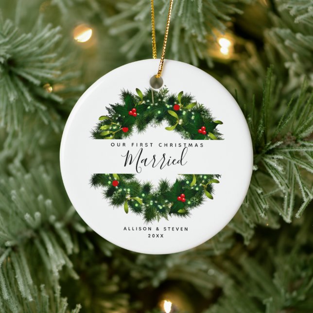 First Christmas Married Script Personalised Ceramic Tree Decoration (Tree)