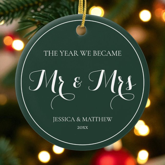First Christmas Married Simple Elegant Mr and Mrs Ceramic Tree Decoration (First Green Christmas Married Simple Elegant Mr and Mrs Ceramic Ornament)