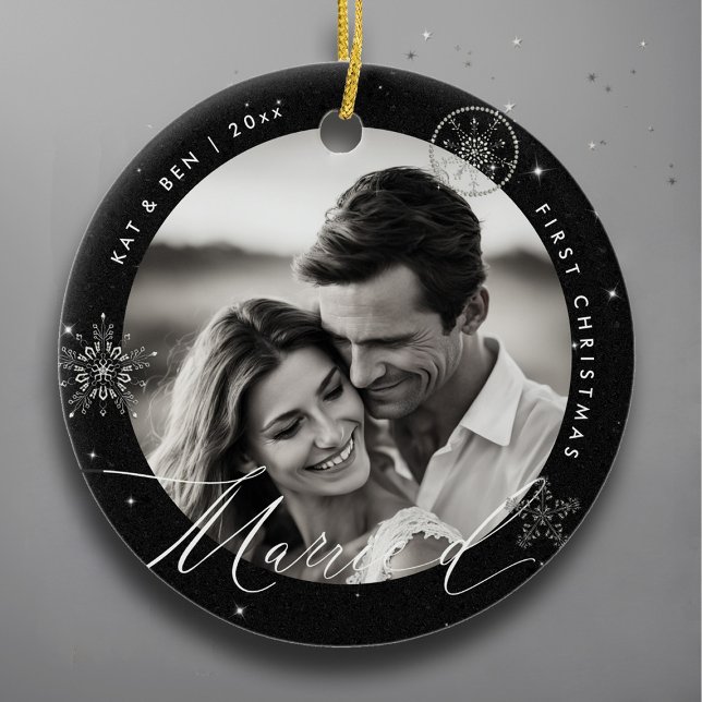 First Christmas Married Snowflakes Black Chic Gift Ceramic Tree Decoration (christmas gift first married couple black ornament glitter sparkle modern minimalist snowflakes)