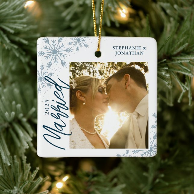 First Christmas Married Snowflakes Photo Ceramic Ornament (Tree)