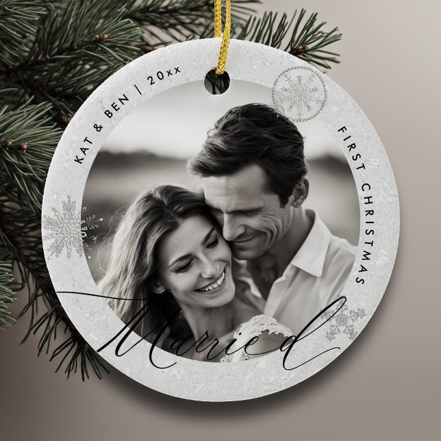 First Christmas Married Snowflakes White Chic Gift Ceramic Tree Decoration (christmas gift first married couple white ornament glitter sparkle modern minimalist snowflake chic)