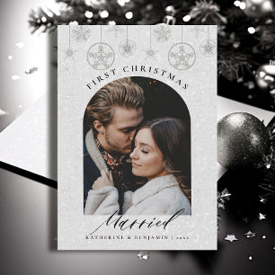 First Christmas Married Sparkles Boho Frame Photo Holiday Card