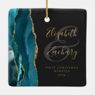First Christmas Married Teal Agate Gold Script Ceramic Ornament