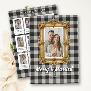 First Christmas Married Vintage Black White Checks Holiday Card