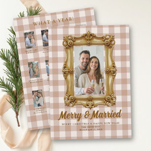 First Christmas Married Vintage Neutral Tan Checks Holiday Card