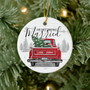 First Christmas Married Vintage Red Truck Photo Ceramic Tree Decoration