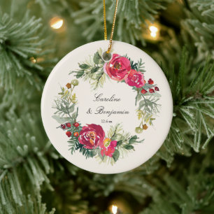 First Christmas Married Watercolor Floral Wreath Ceramic Tree Decoration