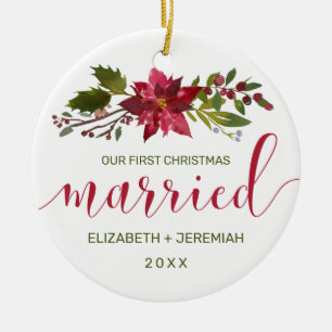 First Christmas Married Watercolor Poinsettia Ceramic Tree Decoration