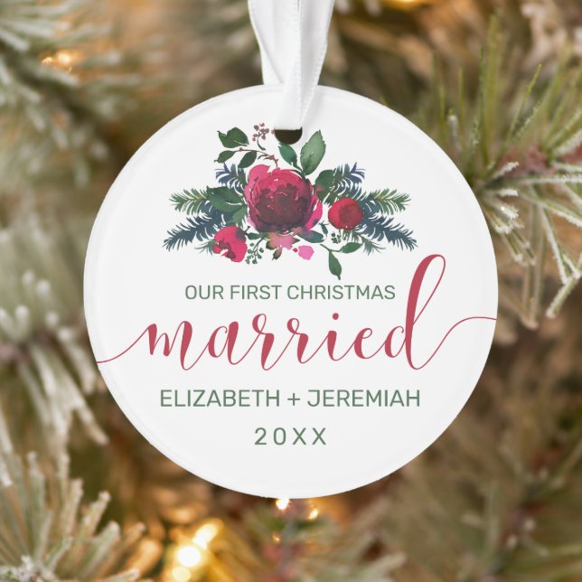 First Christmas Married Watercolor Rose Photo Ornament (Tree)