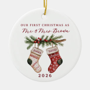 First Christmas Married Watercolor Stockings Ceramic Tree Decoration