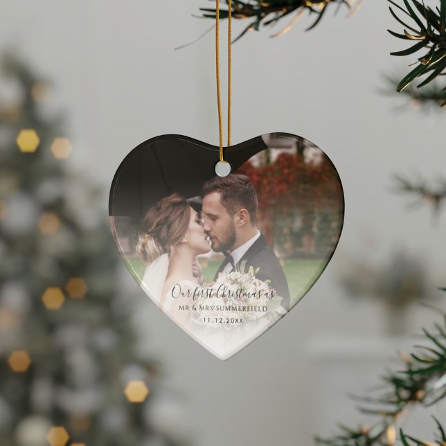 First Christmas Married Wedding Anniversary Photo Ceramic Tree Decoration (First Christmas as Mr and Mrs Heart Shaped Ceramic Ornament)