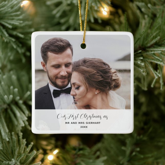 First Christmas Married Wedding Day Photo Ceramic Ornament (Tree)