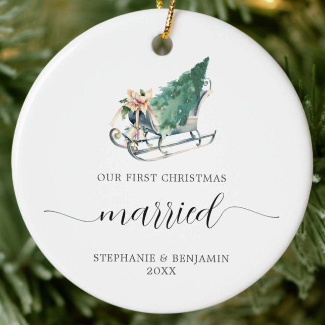 First Christmas Married Wedding Sleigh Tree Luxury Ceramic Tree Decoration (our first christmas married newlyweds couple keepsake ornament wedding winter sleigh tree luxury)
