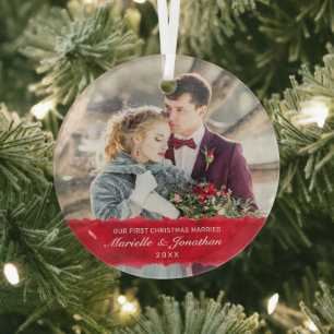 First Christmas Married White Script Photo Glass Tree Decoration