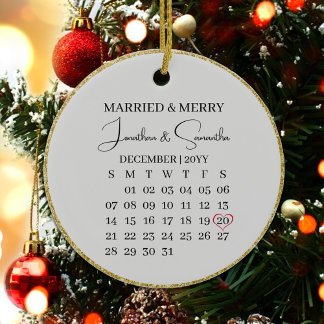 First Christmas Married with Date & Photo in Back Ceramic Tree Decoration