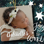 First Christmas Modern Chic Custom Photo Ceramic Ornament<br><div class="desc">First Christmas in classic and simple serif typography. Add custom baby photo and name.</div>