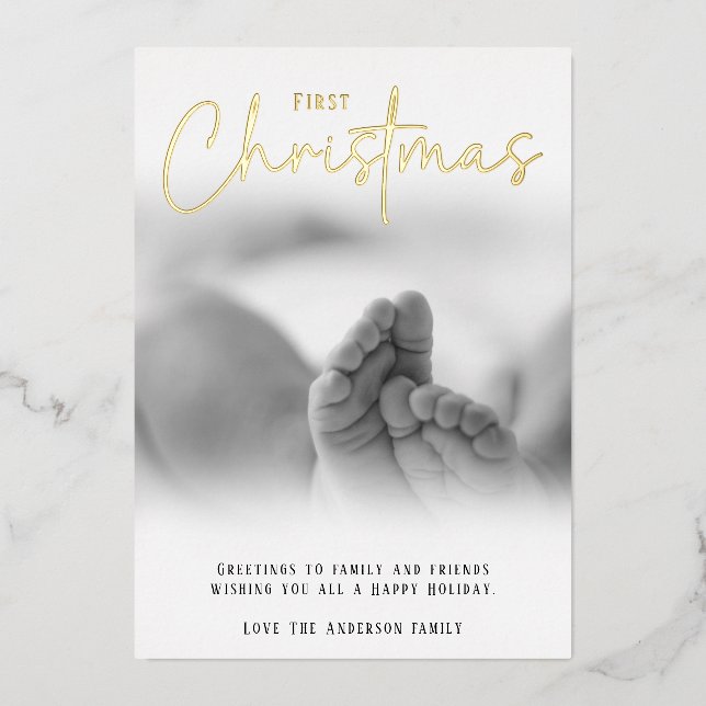 First Christmas modern photo Foil Holiday Card (Front)