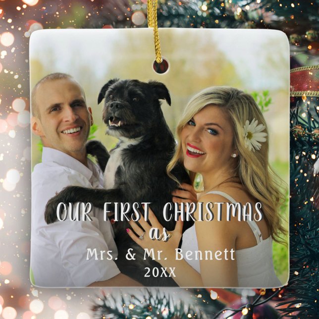 First Christmas Modern Script Wedding Photo Ceramic Ornament (Creator Uploaded)
