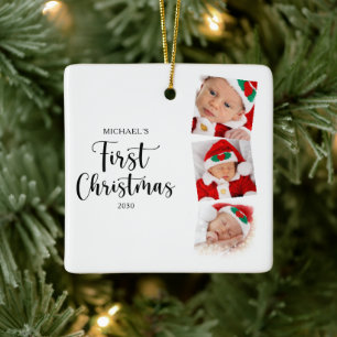 First Christmas Modern Simple 3 Baby Photo Ceramic Ornament