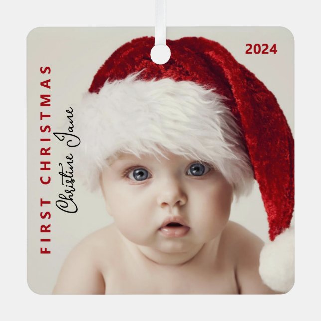First Christmas | Modern Trendy Baby Photo Met Met Metal Tree Decoration (Front)
